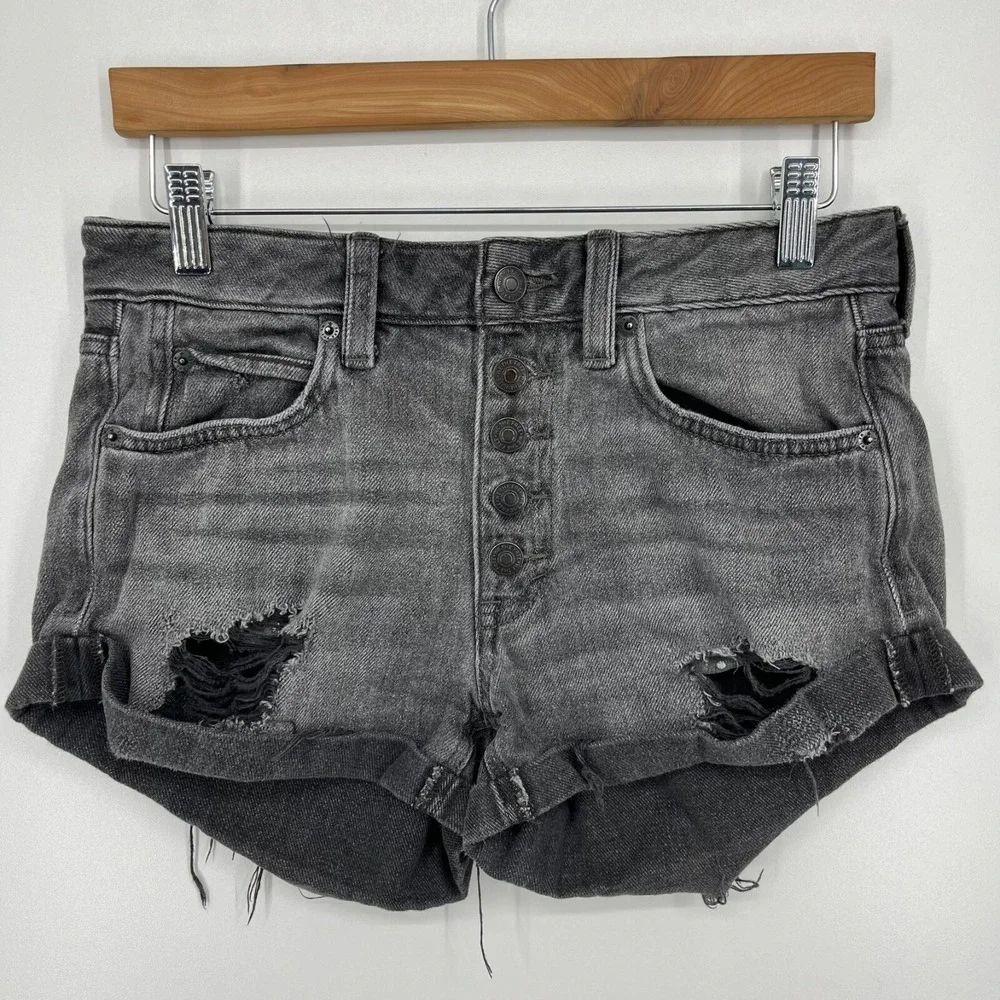 Free People We The Free Makai Cutoff Denim Shorts Distressed Black 25 Button Fly